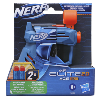 Kompaktowy, niebieski blaster Nerf Elite 2.0 Ace SD-1 w bezplastikowym opakowaniu, z 2 strzałkami Elite.