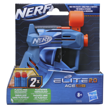 Kompaktowy, niebieski blaster Nerf Elite 2.0 Ace SD-1 w bezplastikowym opakowaniu, z 2 strzałkami Elite.