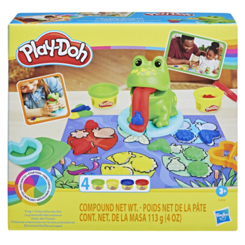 Play-Doh Zestaw Żaba i Nauka Kolorów w pudełku. Zielona żaba, mata, foremki i 4 kolory ciastoliny.