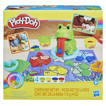 Play-Doh Zestaw Żaba i Nauka Kolorów w pudełku. Zielona żaba, mata, foremki i 4 kolory ciastoliny.
