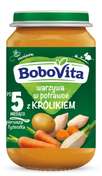 Słoiczek BoboVita: warzywa z królikiem dla niemowląt po 5. miesiącu, zielona etykieta, widok z przodu.