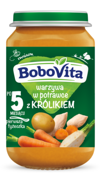 Słoiczek BoboVita: warzywa z królikiem dla niemowląt po 5. miesiącu, zielona etykieta, widok z przodu.