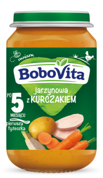 Słoiczek BoboVita Jarzynowa z Kurczakiem dla niemowląt od 5 miesiąca, z warzywami i kurczakiem na etykiecie.