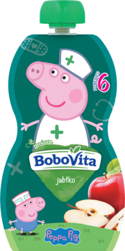 Zielony mus BoboVita jabłko w saszetce z postacią Peppa Pig pielęgniarki i jabłkami, widok z przodu.