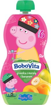Różowy mus owocowy BoboVita Peppa Pig gruszka, morela, banan w saszetce, dla niemowląt od 6 miesięcy.