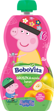 Różowy mus owocowy BoboVita Peppa Pig, gruszka, morela i banan, z przodu wizerunek Peppy. Bez cukru.