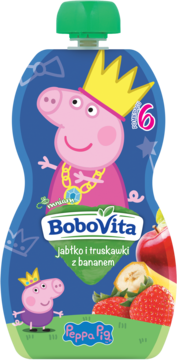 BoboVita mus owocowy jabłko, truskawki, banan 6m+ w niebieskiej saszetce Peppa Pig, widok z przodu.