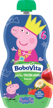Niebieski mus BoboVita jabłko, truskawki, banan z Peppa Pig, saszetka dla dzieci od 6 miesiąca, bez dodatku cukru.