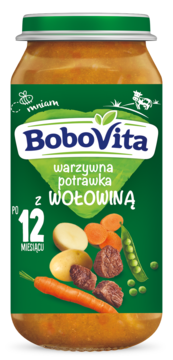 Słoiczek BoboVita z warzywną potrawką z wołowiną dla dzieci po 12 miesiącu. Zielona etykieta, ilustracje warzyw i mięsa.