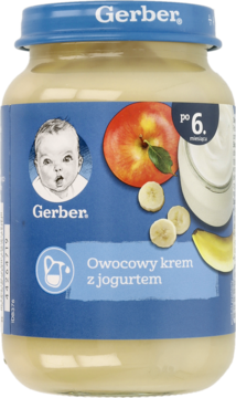 Słoik Gerber Owocowy krem z jogurtem, 6+ miesięcy, widok z przodu z niebieską zakrętką, z etykietą z owocami i dzieckiem.