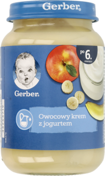 Słoik Gerber Owocowy krem z jogurtem, 6+ miesięcy, widok z przodu z niebieską zakrętką, z etykietą z owocami i dzieckiem.