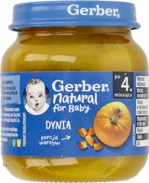 Słoiczek Gerber Natural for Baby Dynia, żółty przecier dla niemowląt po 4. miesiącu, niebieskie wieczko, widok z przodu.