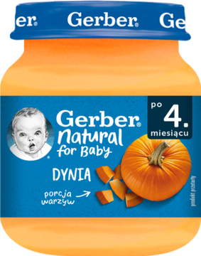 Gerber Natural Dynia, przecier dla niemowląt po 4. miesiącu. Słoiczek z pomarańczową zawartością, widok z przodu.