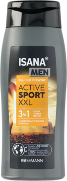 Isana Men Active Sport XXL żel pod prysznic 3w1, ciemnoszara butelka z czarno-pomarańczową etykietą, widok z przodu.