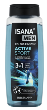Isana Men Active Sport żel pod prysznic 3w1 o orzeźwiającym zapachu, błękitna butelka z czarną etykietą.