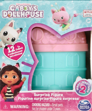 Front view of Gabby's Dollhouse Surprise Figure Series 2 box, pink and blue, featuring Gabby and cat characters.