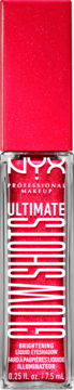NYX Ultimate Glow Shots Brightening Liquid Eyeshadow w czerwonym, brokatowym opakowaniu, widok z przodu.