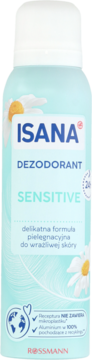 ISANA Sensitive dezodorant w sprayu 150ml, 24h, jasnoniebieska butelka z rumiankiem, widok z przodu.