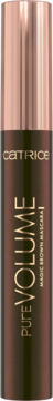 Catrice Pure Volume Magic Brown Mascara w brązowej tubce ze złoto-różową zakrętką, widok z przodu.
