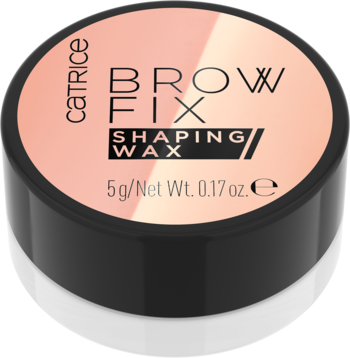 Wosk Catrice Brow Fix Shaping Wax w okrągłym, czarnym słoiczku z różowo-beżową pokrywką, widok z góry.
