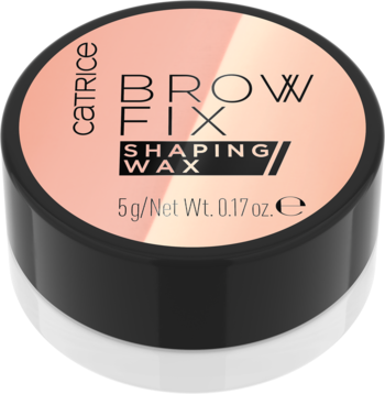 Wosk Catrice Brow Fix Shaping Wax w okrągłym, czarnym słoiczku z różowo-beżową pokrywką, widok z góry.