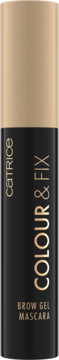 Catrice Colour & Fix Brow Gel Mascara w czarno-beżowym opakowaniu, widok z przodu, złote napisy.