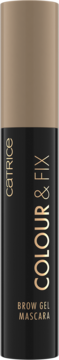 Catrice Colour & Fix Brow Gel Mascara do brwi w czarnej tubce z brązową nakrętką, widok z przodu.