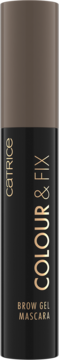Catrice Colour & Fix Brow Gel Mascara, dark tube with gold text, metallic brown top, front view.