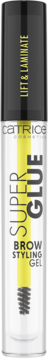 Catrice Super Glue Brow Styling Gel w przezroczystej tubie z czarną nakrętką i żółtym aplikatorem, widok z przodu.