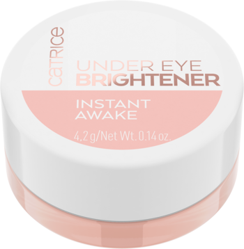 Słoiczek Catrice Under Eye Brightener Instant Awake, biała zakrętka, różowa baza, widok z góry pod kątem.