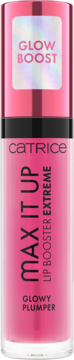 Różowy błyszczyk Catrice Max It Up Lip Booster Extreme Glowy Plumper w przezroczystej butelce, widok z przodu.
