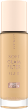 Catrice Soft Glam Filter Fluid, rozświetlający podkład w beżowej szklanej butelce, widok z przodu.