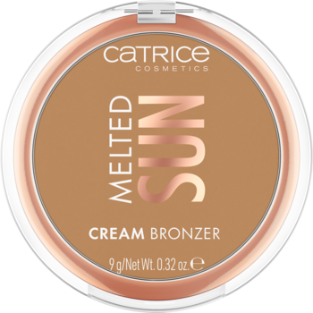 Bronzer w kremie Catrice Melted Sun w białym kompakcie z rose gold obwódką i napisami, widok z góry.
