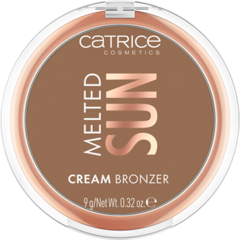 Okrągły bronzer w kremie Catrice Melted Sun w brązowym odcieniu, z białą bazą i miedzianą obwódką, widok z góry.