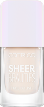 Catrice Sheer Beauties lakier do paznokci nude w butelce, biała nakrętka, widok z przodu, półprzezroczysty.