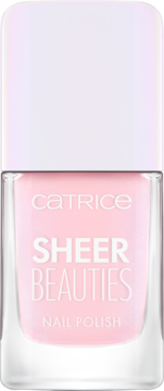 Catrice Sheer Beauties, półprzezroczysty różowy lakier do paznokci w szklanej butelce z białym korkiem, przód.