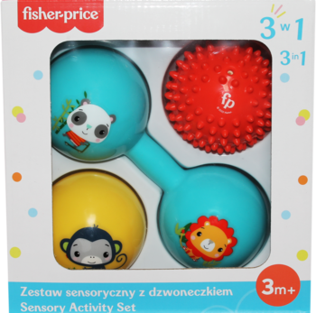 Zestaw sensoryczny Fisher-Price w pudełku. Cztery kolorowe piłki-grzechotki: czerwona i turkusowe ze zwierzętami.