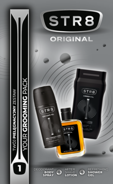 STR8 Original zestaw męski do pielęgnacji: czarny dezodorant, bursztynowa woda po goleniu, żel pod prysznic, widok z przodu.