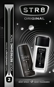 STR8 Original zestaw męski z dezodorantem w aerozolu i body fragrance. Czarne i srebrne opakowania lekko skośne.