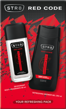 Zestaw STR8 Red Code dla mężczyzn: biały dezodorant 85ml i czarny żel pod prysznic 250ml na dynamicznym tle.