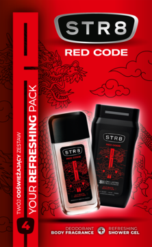 STR8 Red Code: męski zestaw dezodorant spray i żel pod prysznic, czerwone opakowanie z azjatyckim smokiem.