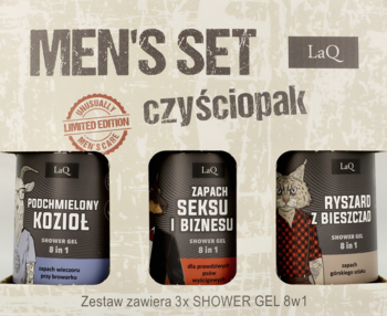 LAQ Czyściopak ,zestaw dla mężczyzn, 3 x żel pod prysznic 8w1: Podchmielony Kozioł + Zapach Seksu i Biznesu + Ryszard z Bieszczad,przód