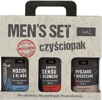 Zestaw LaQ Men's Set czyściopak w walizce z 3 żelami pod prysznic: Kozioł, Seks i Biznes, Ryszard.