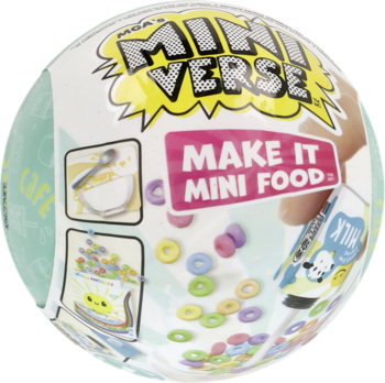 Biała kula MGA's Miniverse Make It Mini Food z kolorowymi obrazkami mini płatków i mleka, widok z przodu.