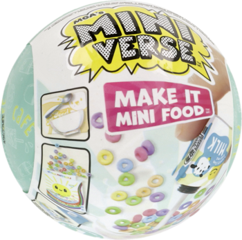 Biała kula MGA's Miniverse Make It Mini Food z kolorowymi obrazkami mini płatków i mleka, widok z przodu.