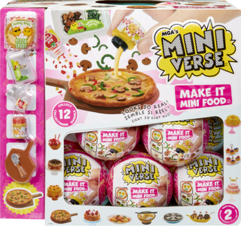 Białe pudełko MGA's Miniverse Make It Mini Food Series 2 z grafiką tworzenia mini pizzy i 6 kulami-niespodziankami.