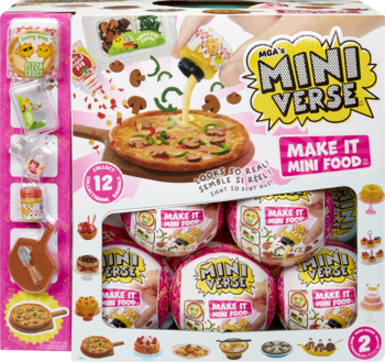 Białe pudełko MGA's Miniverse Make It Mini Food Series 2 z grafiką tworzenia mini pizzy i 6 kulami-niespodziankami.
