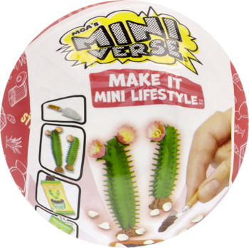 Okrągła kapsuła MGA's Mini Verse Make It Mini Lifestyle z grafiką miniaturowych kaktusów i narzędzi, widok z przodu.