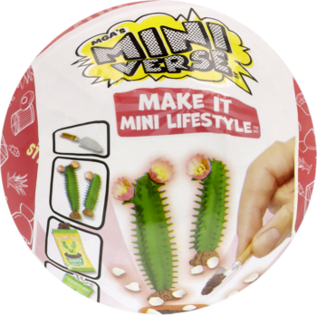 Okrągła kapsuła MGA's Mini Verse Make It Mini Lifestyle z grafiką miniaturowych kaktusów i narzędzi, widok z przodu.