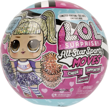 Kapsuła L.O.L. Surprise! All-Star Sports Moves, różowo-niebieska z ilustracją lalki cheerleaderki, widok z przodu.